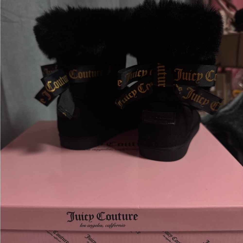NO BOX Juicy Couture Black Winter Boots with Furry Material and gold Trim